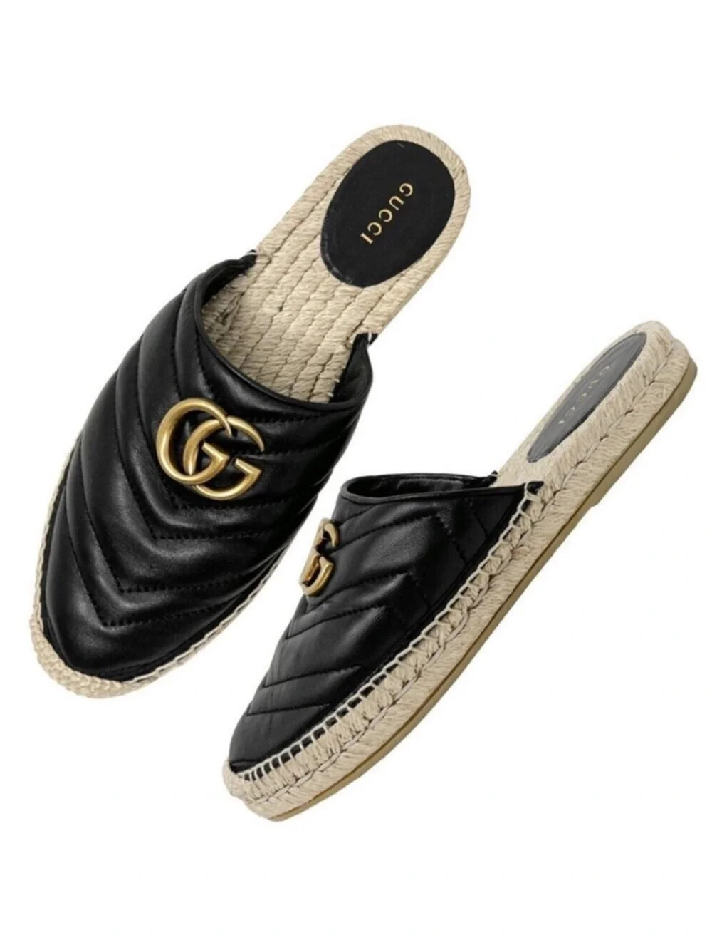 GUCCI GG Marmont Black Leather Espadrille Mules Slides - Picture 1 of 9